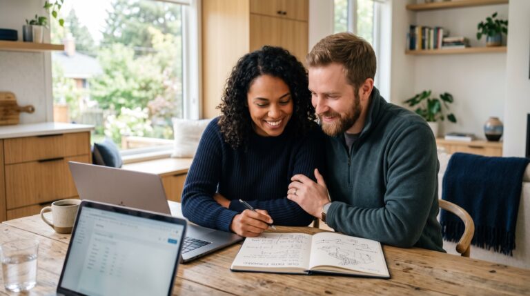 Hopeful Canadian couple reviewing a home-buying plan at their kitchen table