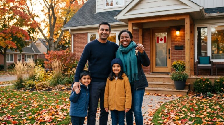 Newcomer family proudly standing in front of their first Canadian home in autumn