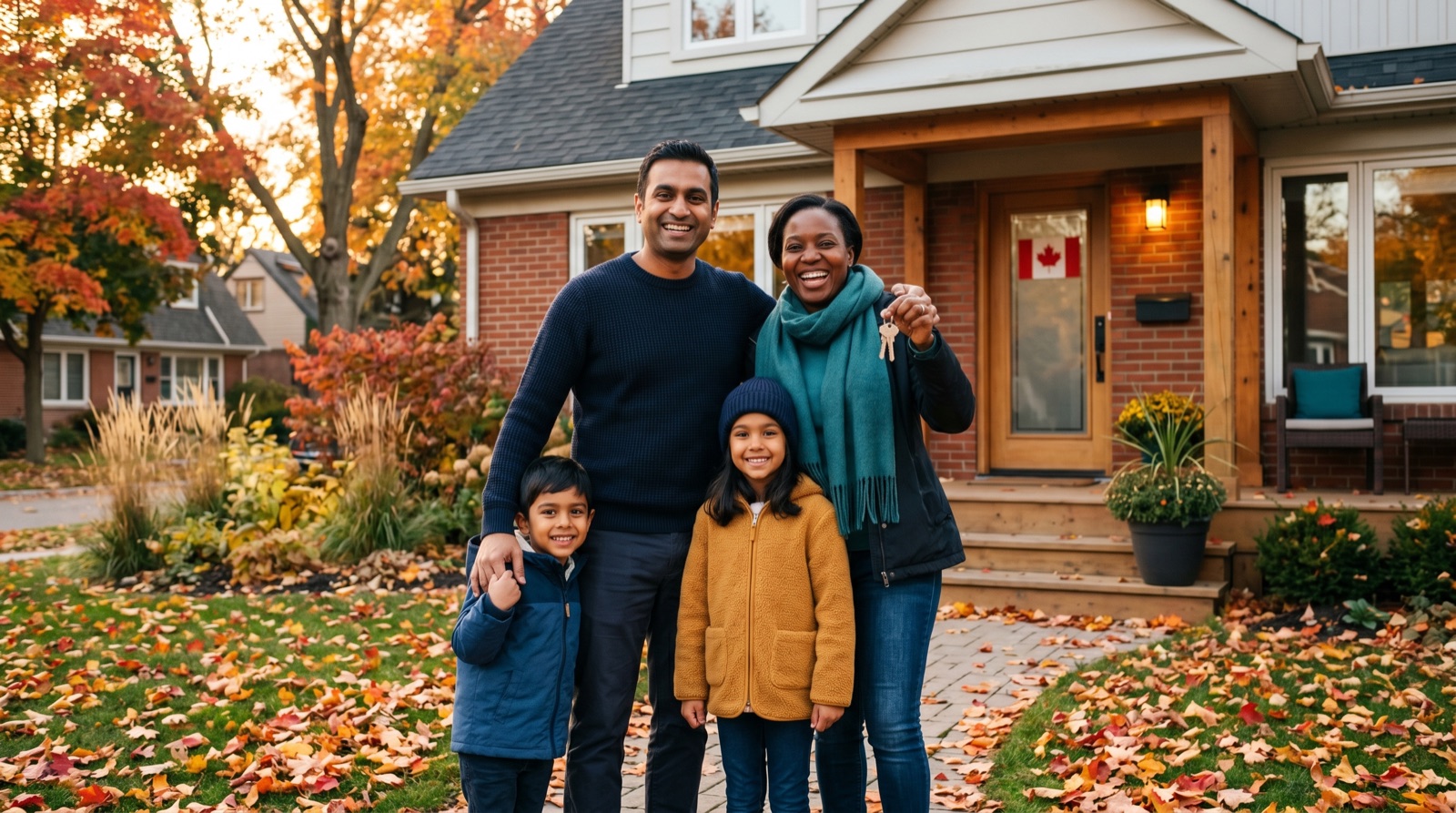 Newcomer family proudly standing in front of their first Canadian home in autumn