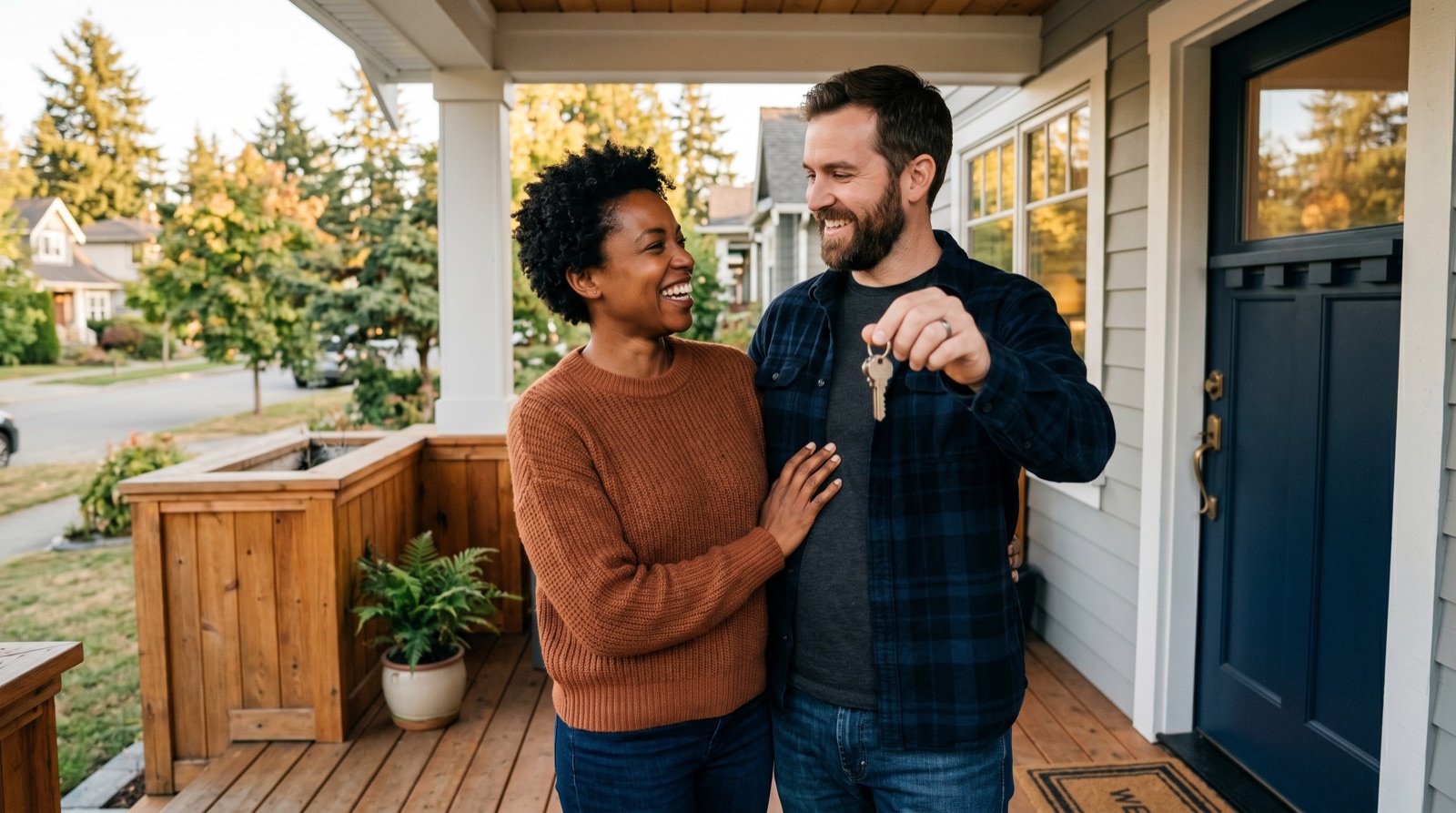 Canadian couple holding the keys to their new home on the front porch