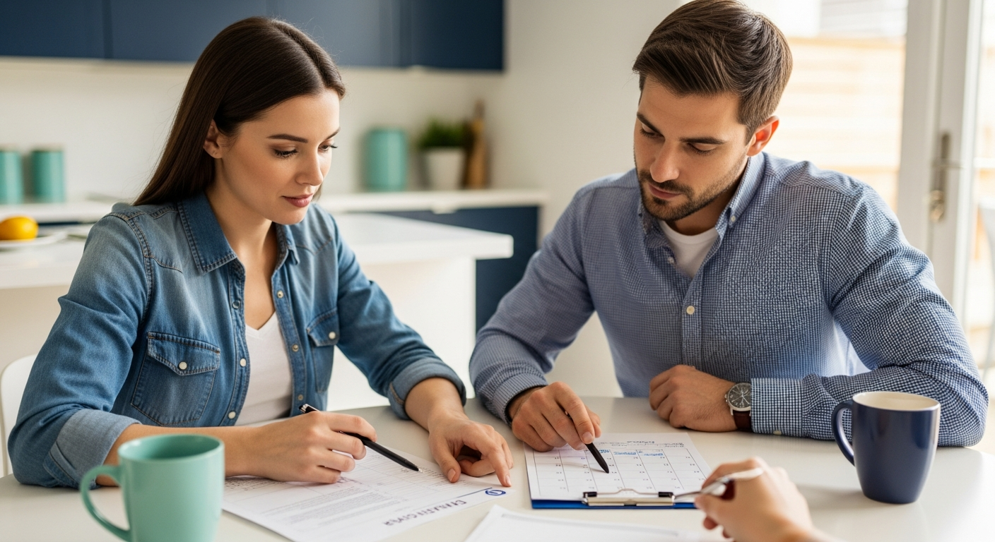 Canadian couple reviewing a credit-building plan at their kitchen table