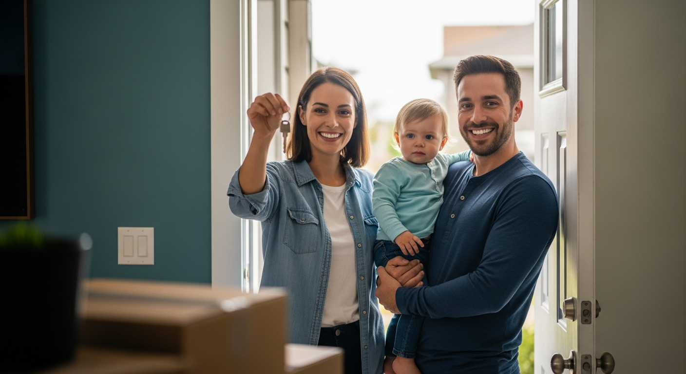 Young Canadian family holding house keys in a new doorway