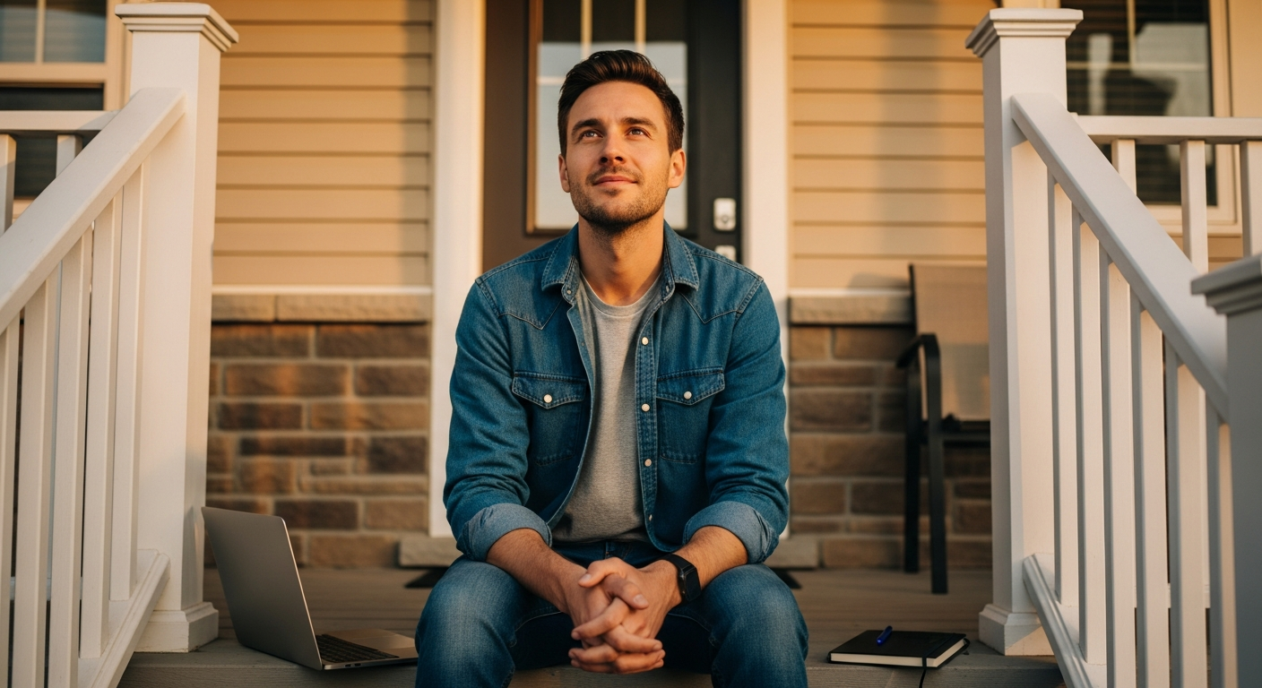 First-time Canadian homebuyer sitting on a porch step looking hopeful
