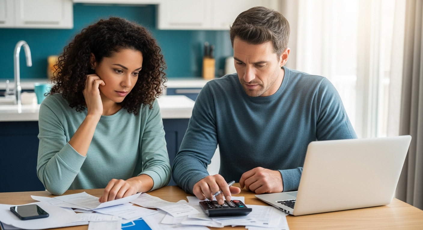Canadian couple reviewing refinancing options with a calculator at home