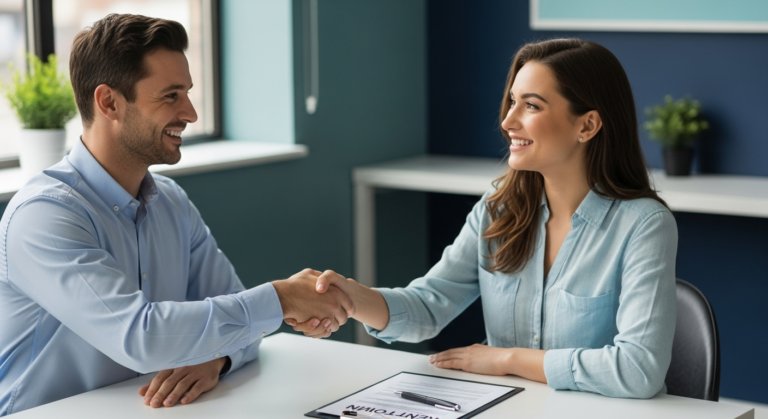 Advisor shaking hands with a client after a rent-to-own consultation