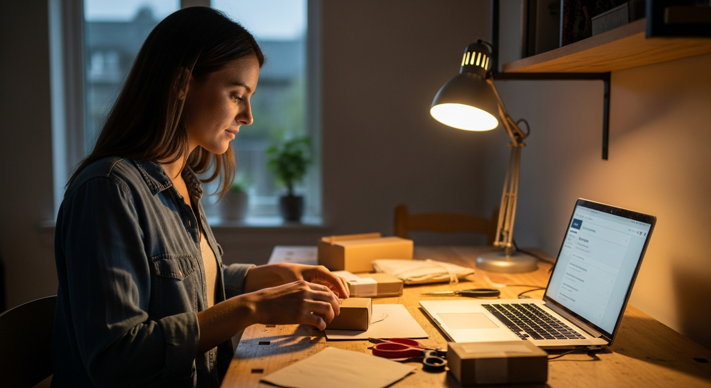 Canadian side-hustler packaging handmade goods at a home workbench